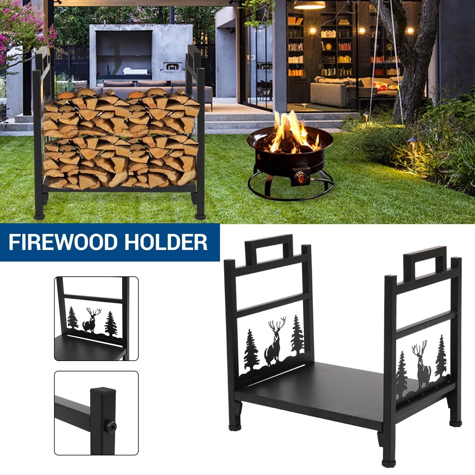 Hottest Small Firewood Rack Holder for Indoor Fireplace, Single-Tier Fire Wood Log Storage Stacker Stand for Outdoor Patio, Black