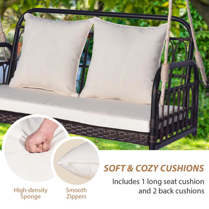Costway Patio Swing Chair 2-Person Hanging Seat Outdoor Wicker Loveseat Cushioned Porch