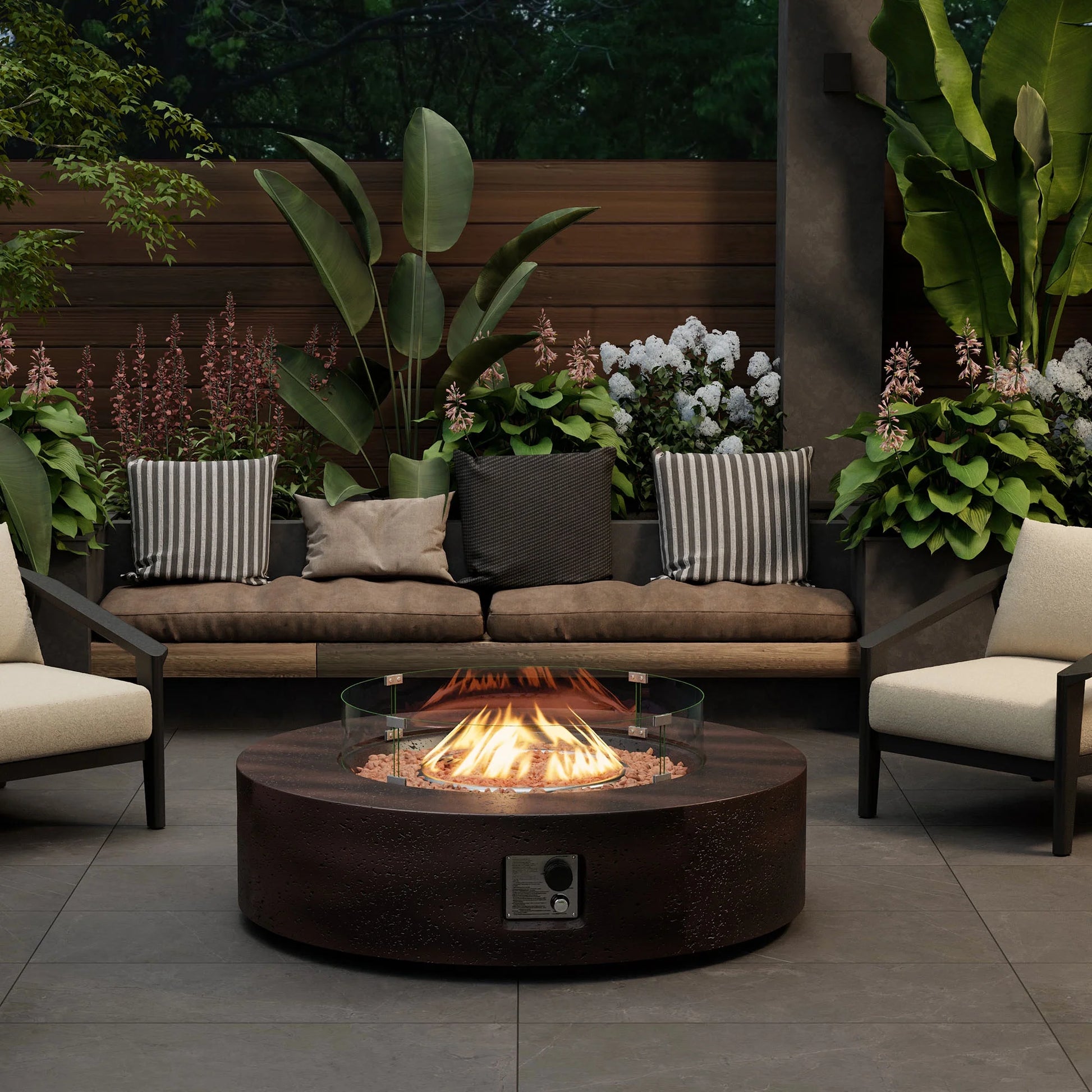 VENTOPYR 40.5-inch Outdoor Propane Fire Pit Coffee Table w Concrete Round Base Patio Heater, 50,000 BTU Stainless Steel Burner, Free Lava Rocks, Wind Guard, Rain Cover