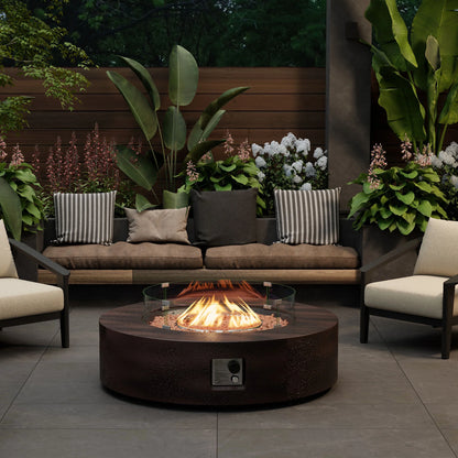 VENTOPYR 40.5-inch Outdoor Propane Fire Pit Coffee Table w Concrete Round Base Patio Heater, 50,000 BTU Stainless Steel Burner, Free Lava Rocks, Wind Guard, Rain Cover