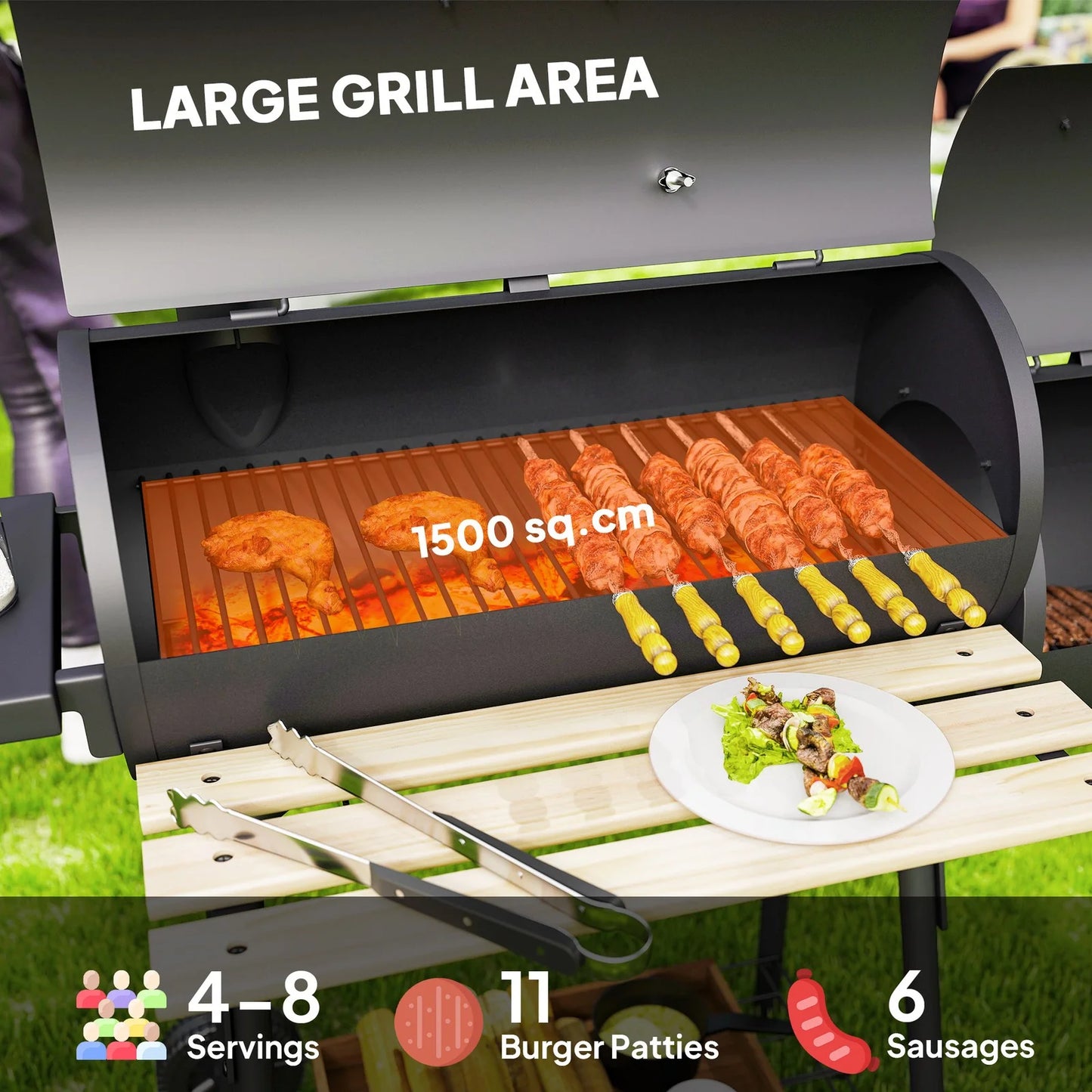 BNDFTF Black Multifunctional Charcoal Grill, Offset Smoker & BBQ Combo, with Front/Side Shelves, Lid Thermometer & Wooden Heat-Resistant Handles, for Outdoor Patio