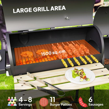 BNDFTF Black Multifunctional Charcoal Grill, Offset Smoker & BBQ Combo, with Front/Side Shelves, Lid Thermometer & Wooden Heat-Resistant Handles, for Outdoor Patio