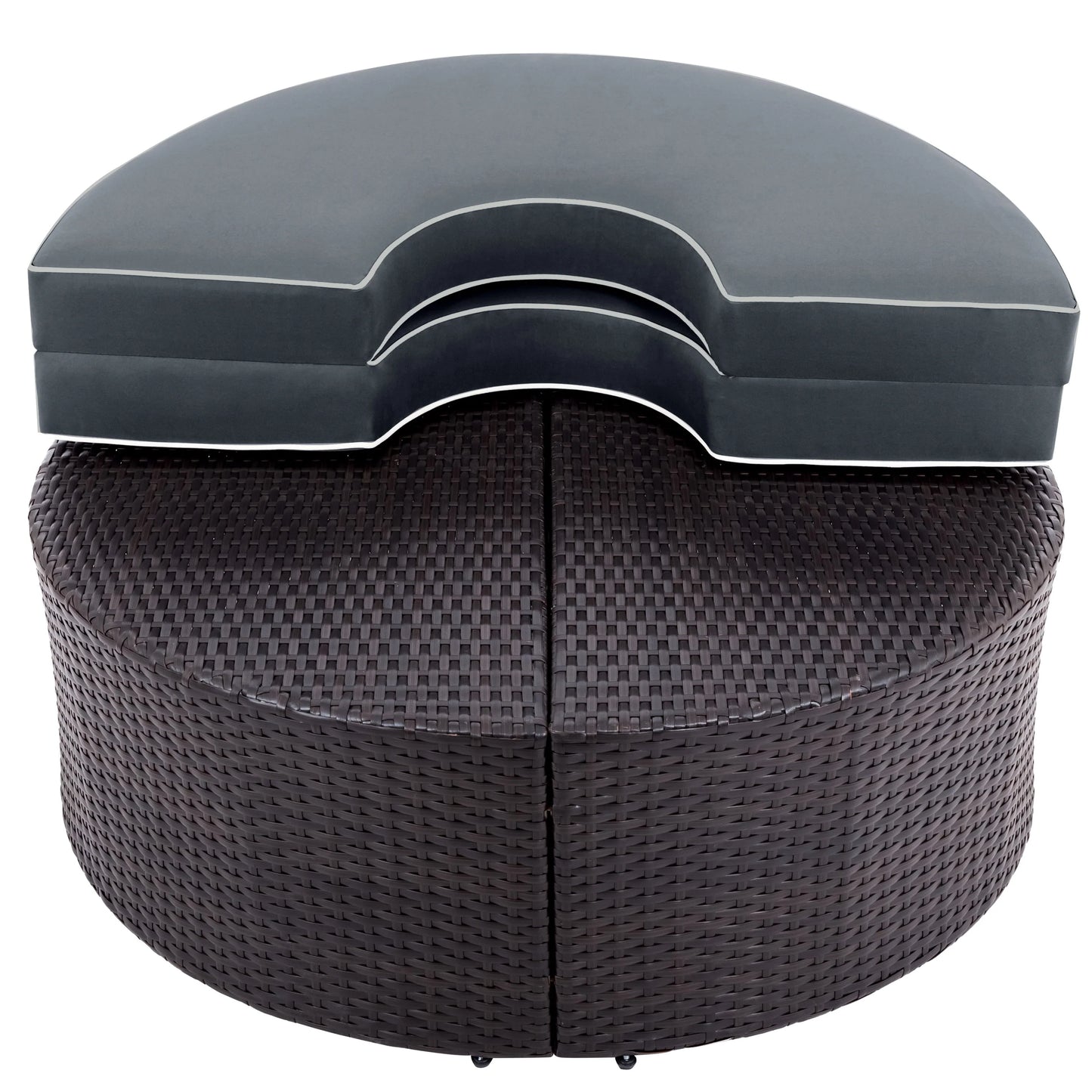 BTMWAY 6 Piece Outdoor Patio Sofa Furniture Set, BTMWAY PE Wicker Half Moon Outdoor Sectional Sofa Set with Side Table for Umbrella, Multifunctional Round Table, Gray Cushions, Pillows, Brown Rattan