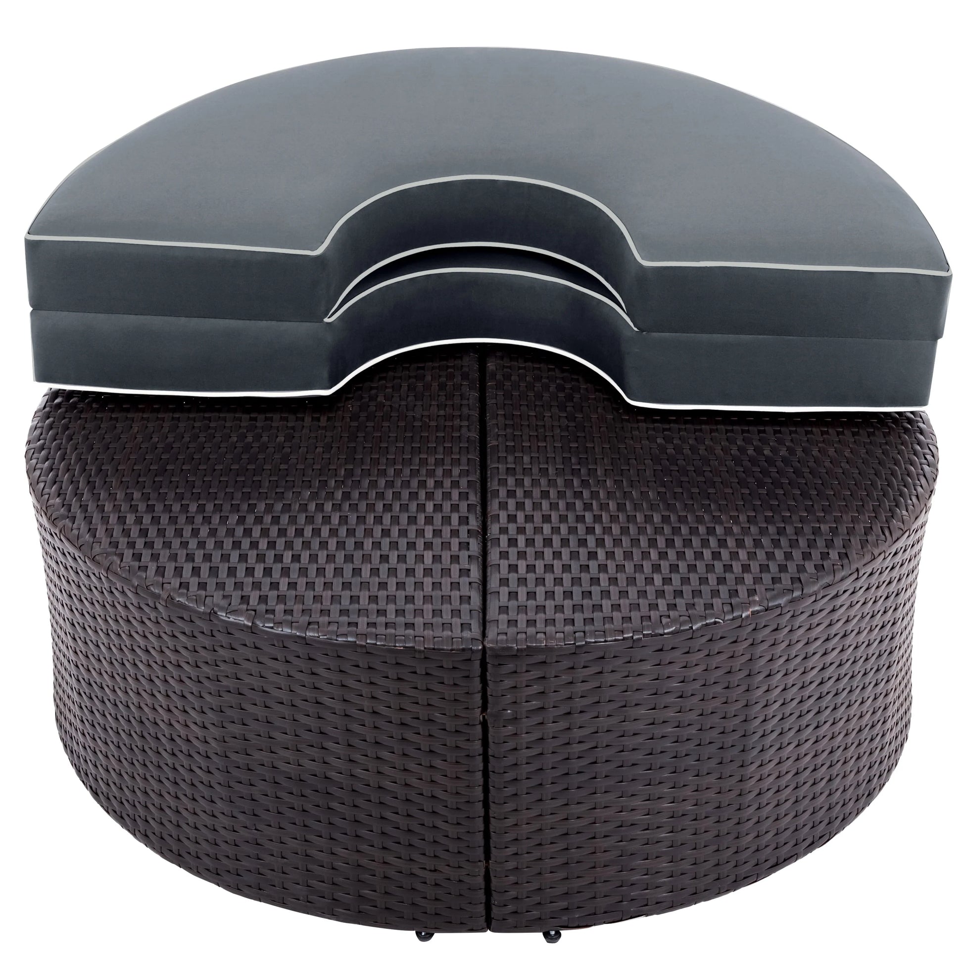 BTMWAY 6 Piece Outdoor Patio Sofa Furniture Set, BTMWAY PE Wicker Half Moon Outdoor Sectional Sofa Set with Side Table for Umbrella, Multifunctional Round Table, Gray Cushions, Pillows, Brown Rattan