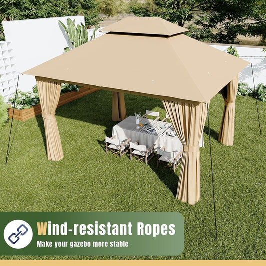 AOXUN Outdoor Gazebo for Patio 10x12, Metal Frame Canopy with Double Roofs, Heavy Duty Party Tent and Shelter with Mosquito Netting and Privacy Screen for Backyard, Lawn, Garden,Deck (Beige)