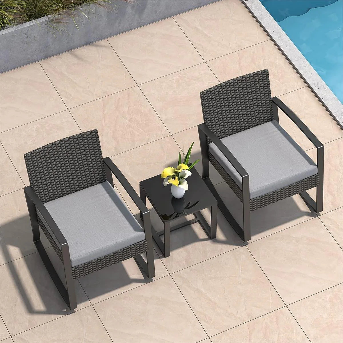 Patio Chairs Set, Outdoor Porch Balcony Furniture Set with Glass Coffee Table, Patio Rocking Wicker Chairs Set with Gray Cushion(Upgraded)