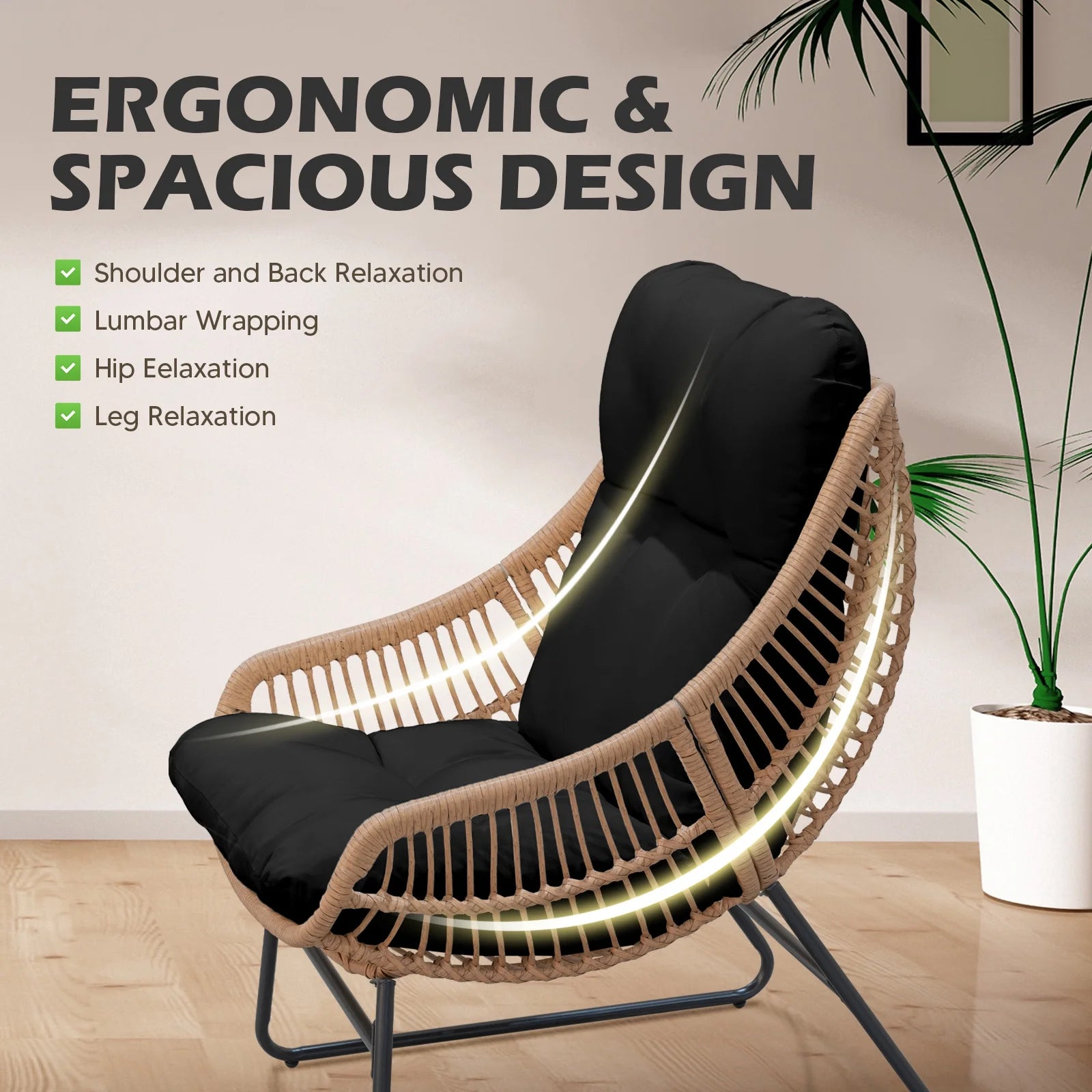 Tappio Wicker Papasan Egg Chair with Ottoman, Outdoor Patio Basket Lounge Chair Indoor Oversized Egg Lounger with Thick Cushion for Living Room Bedroom Balcony Porch, Black