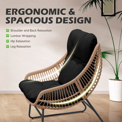 Tappio Wicker Papasan Egg Chair with Ottoman, Outdoor Patio Basket Lounge Chair Indoor Oversized Egg Lounger with Thick Cushion for Living Room Bedroom Balcony Porch, Black