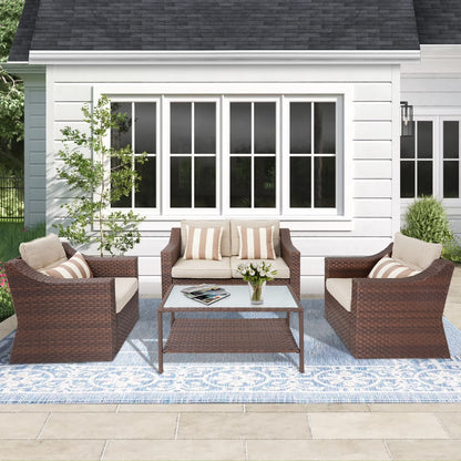 SUNCROWN 4 Piece Outdoor Patio Sectional Set ,Rattan Wicker Furniture Conversation Set (Brown)