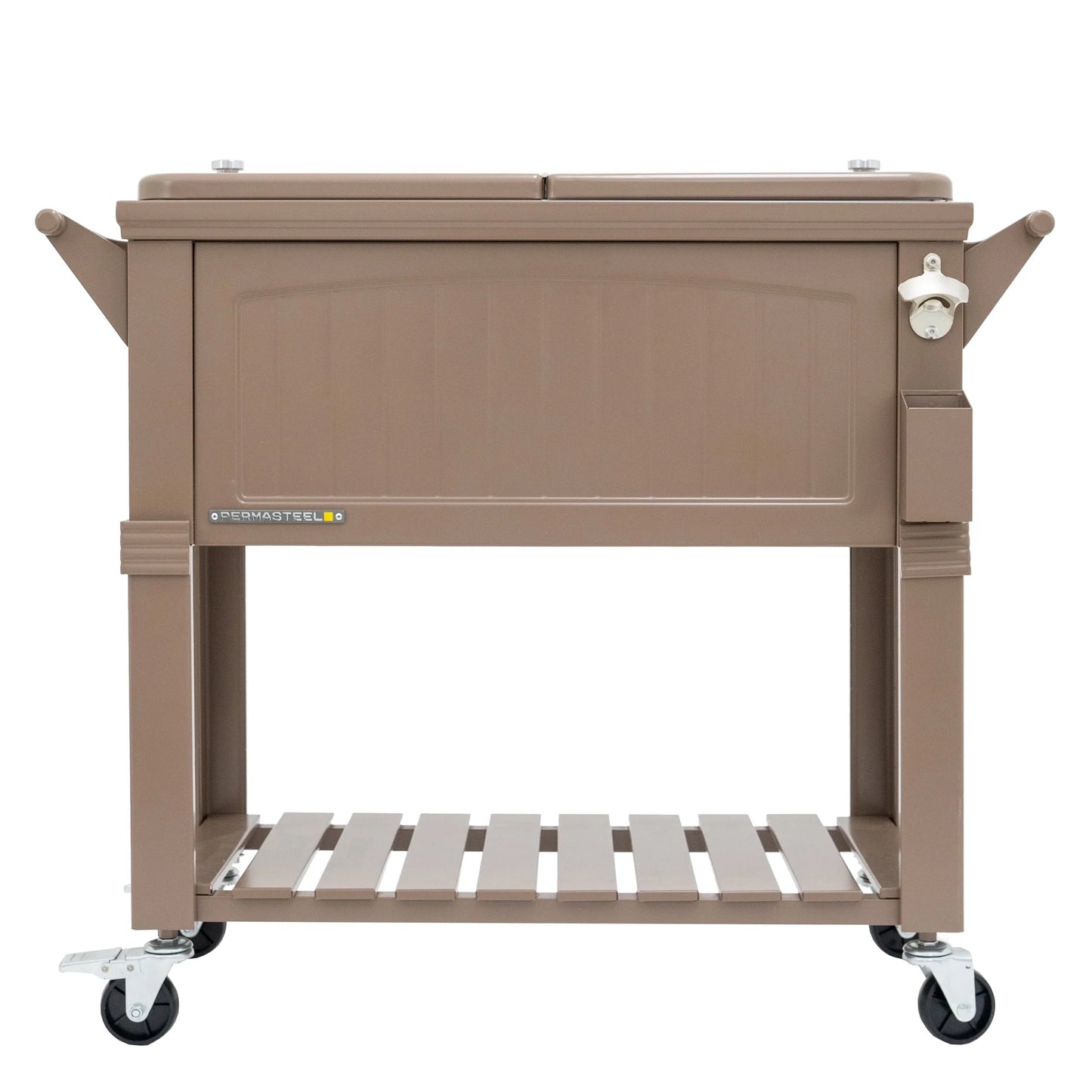Permasteel 80-Qt Antique Outdoor Steel Patio Cooler on Wheels, Rolling Cooler Cart, Wooden Teak Style, Taupe