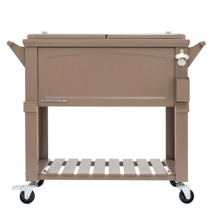 Permasteel 80-Qt Antique Outdoor Steel Patio Cooler on Wheels, Rolling Cooler Cart, Wooden Teak Style, Taupe