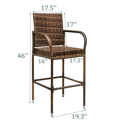 Lacoo Outdoor Wicker Bar Stool with Footrest Patio Rattan and Steel Frame Barstools Set of 2, Brown