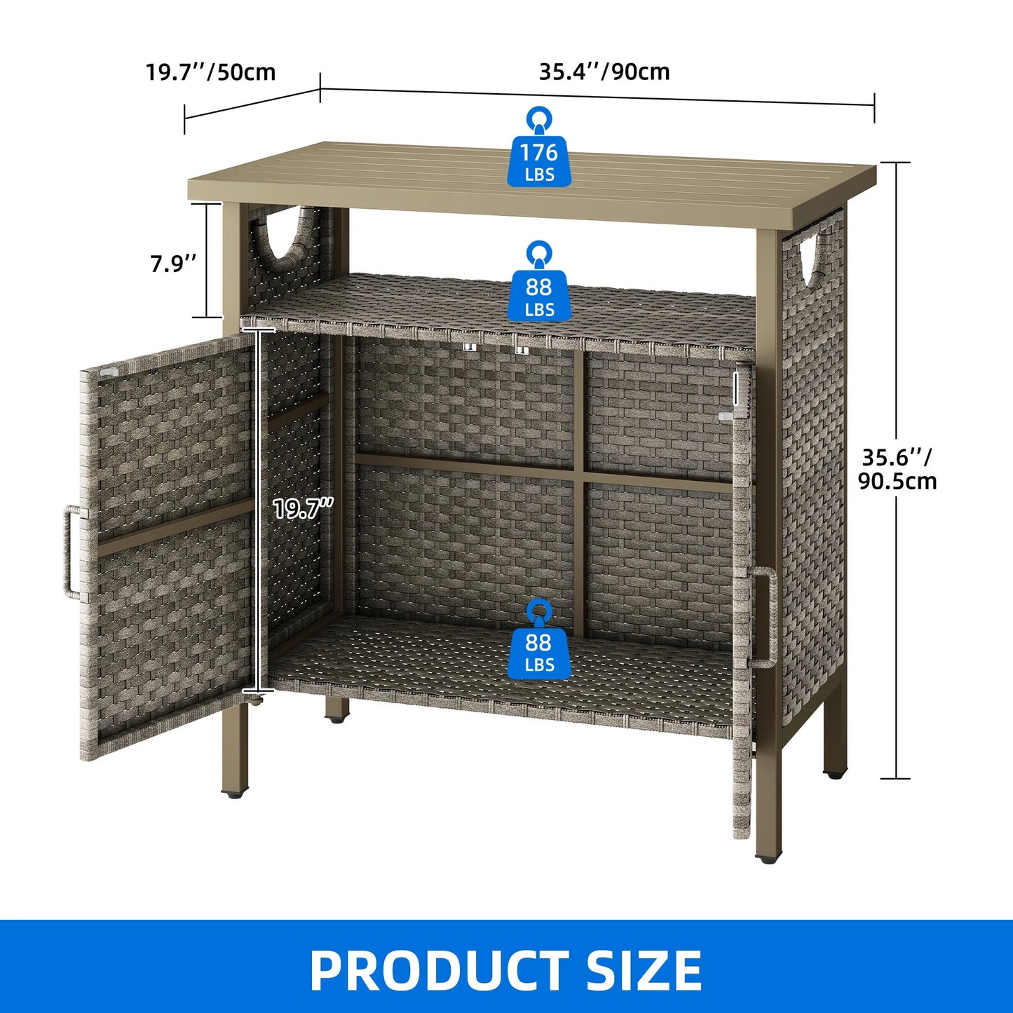 Dextrus Outdoor Patio Wicker Bar Counter Table, Wicker Storage Cabinet with with 2 Doors and Shelves, Wicker Bar Table,Deck Box - Brown