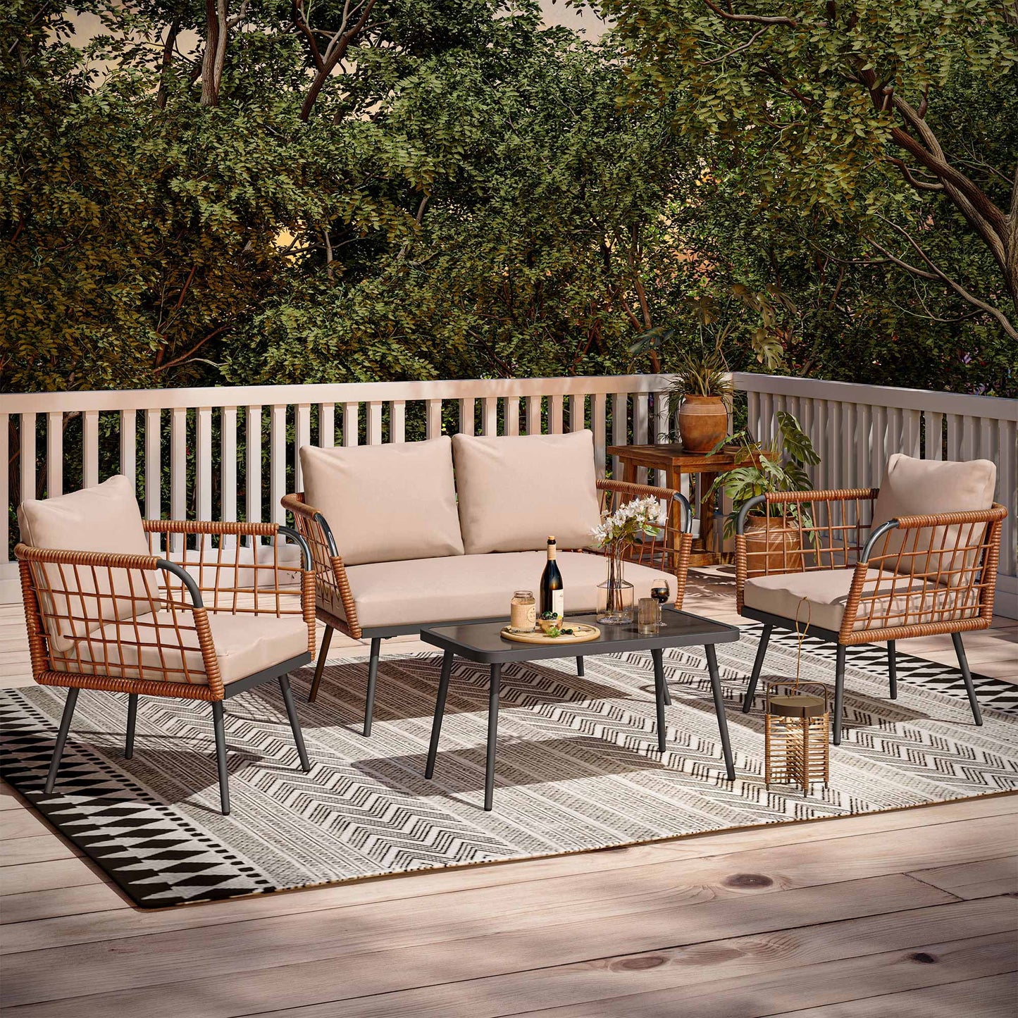 LAUSAINT HOME 4 Pieces Outdoor Conversation Sets, Patio Metal Frame Sofa with Wood Loveseat and Coffee Table, Beige Cushions
