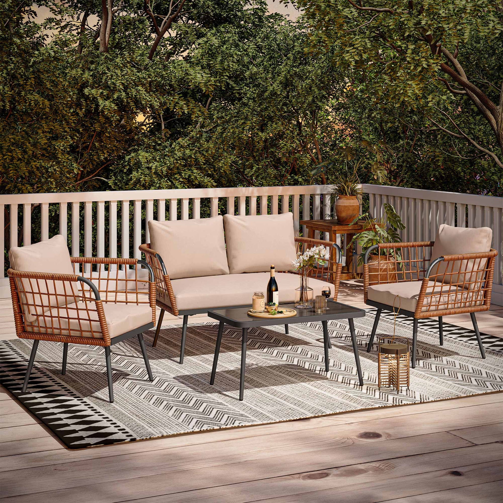 LAUSAINT HOME 4 Pieces Outdoor Conversation Sets, Patio Metal Frame Sofa with Wood Loveseat and Coffee Table, Beige Cushions