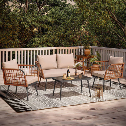 LAUSAINT HOME 4 Pieces Outdoor Conversation Sets, Patio Metal Frame Sofa with Wood Loveseat and Coffee Table, Beige Cushions