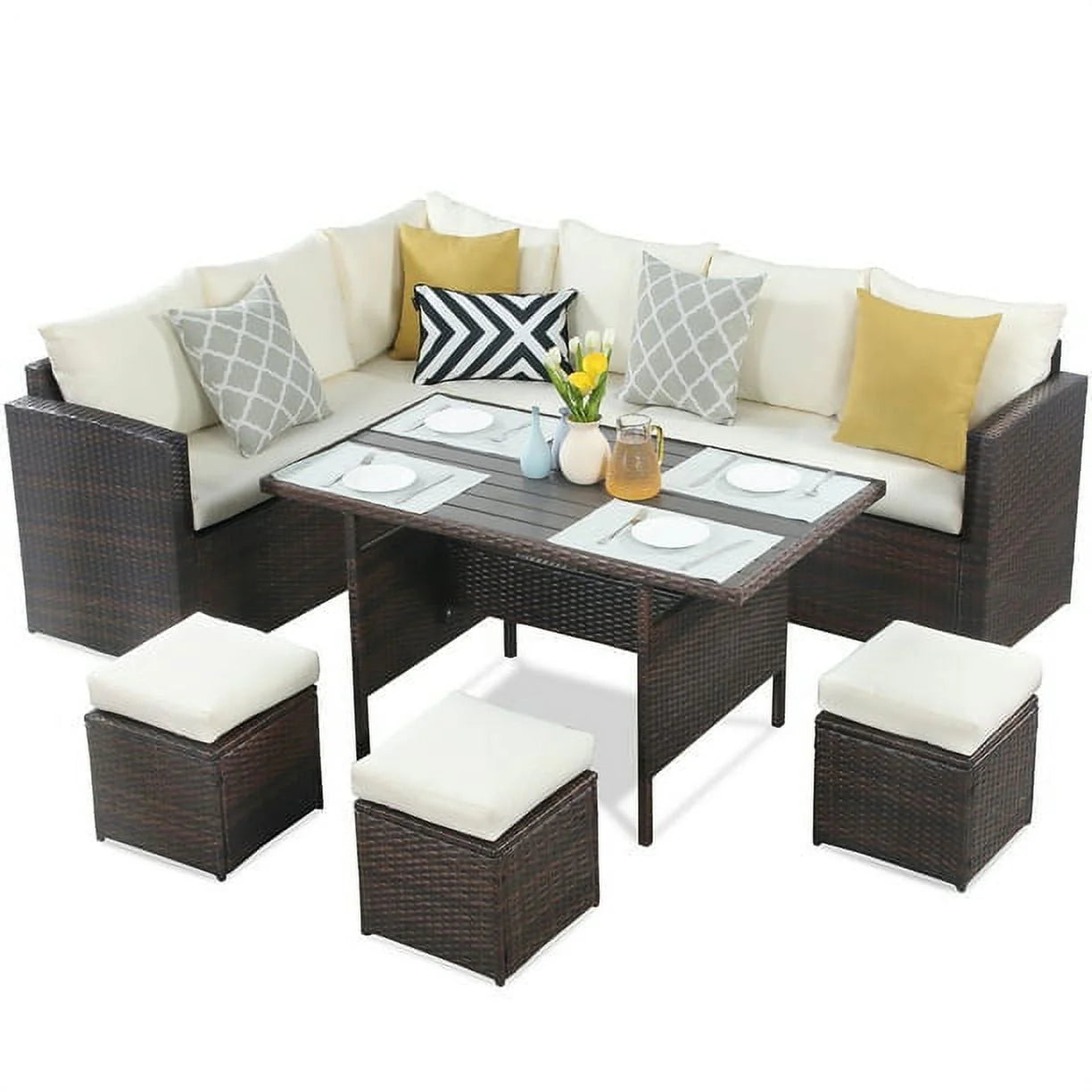 CozyHom 7 Pcs Outdoor Patio PE Wicker Sectional Dining Sofa Furniture Set, Rattan Sectional Conversation Furniture Set With Dining Table, Beige