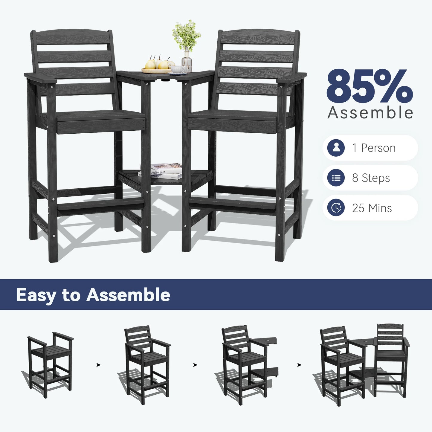 JUSTLET Tall Adirondack Chair Set of 2 with Double Connecting Tray, HDPE Weather Resistant Patio Bar Stools, Grey