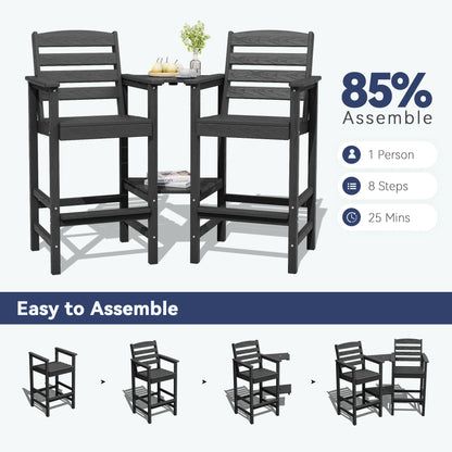 JUSTLET Tall Adirondack Chair Set of 2 with Double Connecting Tray, HDPE Weather Resistant Patio Bar Stools, Grey