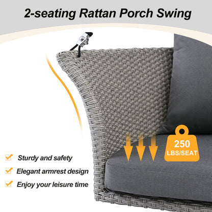 2-Person Porch Swing, 51.9" Patio Swing, Rattan Woven Porch Swings Outdoor with Ropes, Gray Wicker and 2 Back Cushions Capacity 500lbs for Garden, Balcony, Living Room