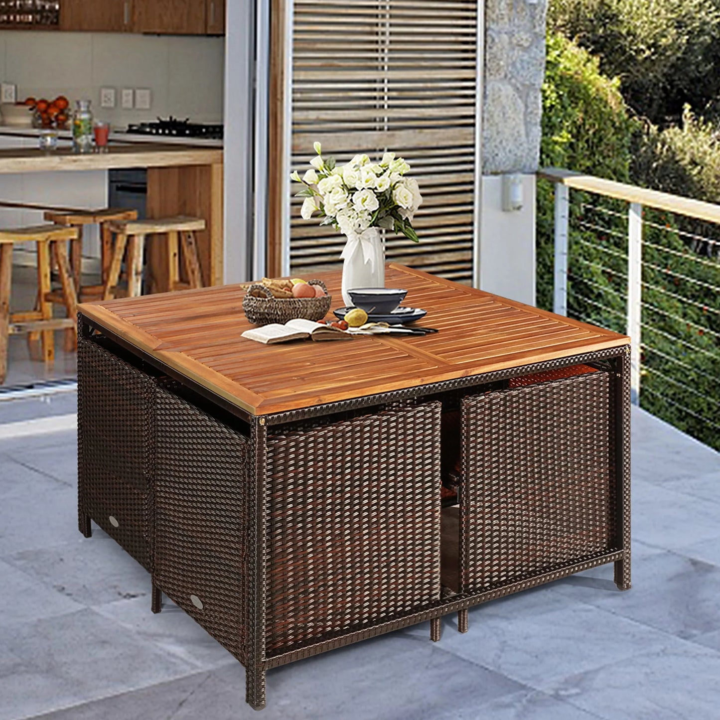 Gymax 9PCS Rattan Wicker Patio Dining Set Outdoor Furniture Set w/Turquoise Cushion