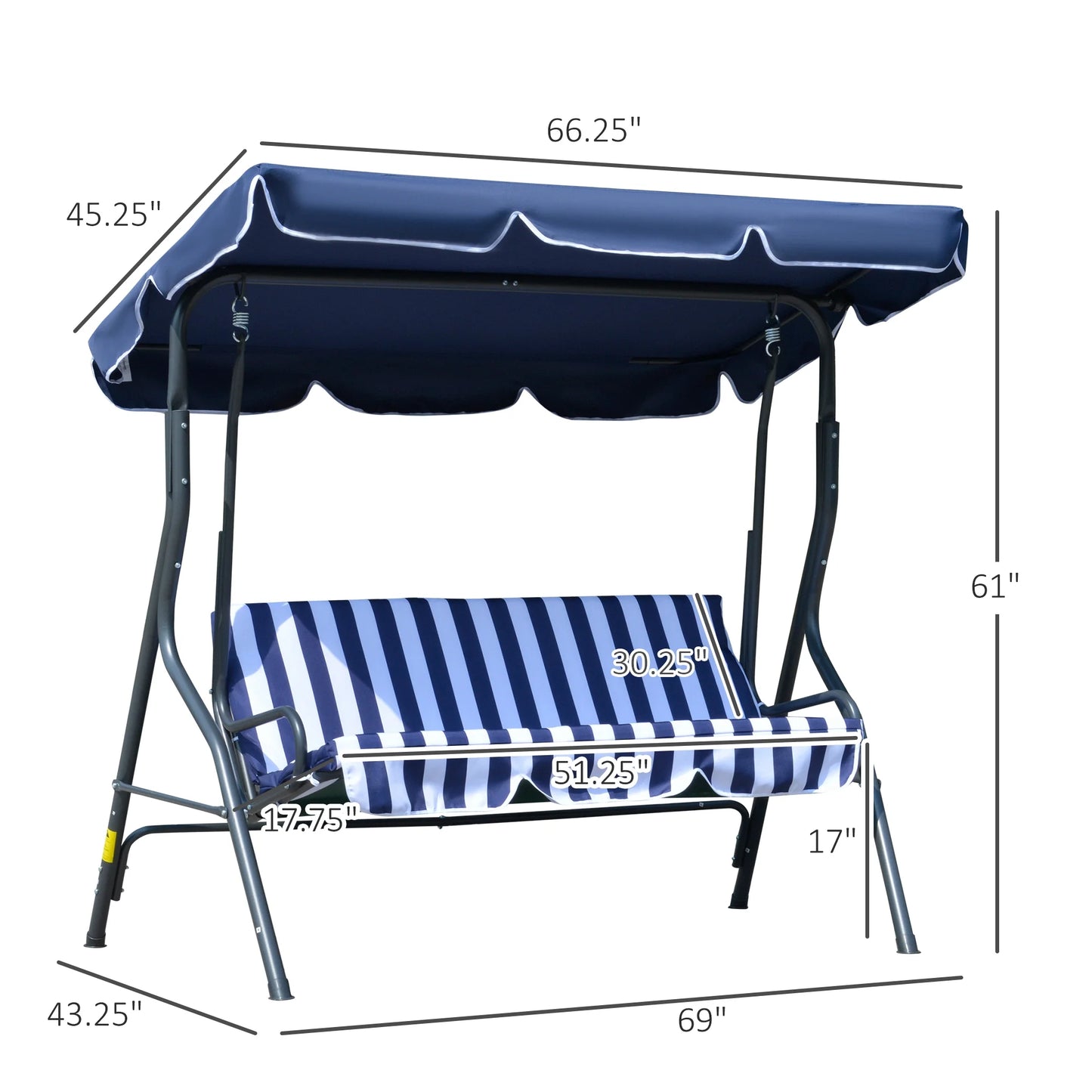 Outsunny Porch Swing with Canopy, 3-Person Patio Swing Chair, Dark Blue