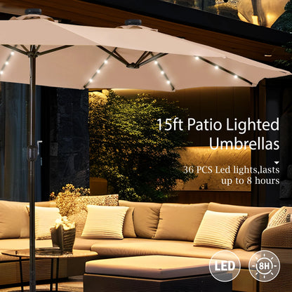 Alpha Joy 15ft Extra Large Outdoor Patio Double-Sided Umbrella with LED Solar Lights & Umbrella Base, Beige
