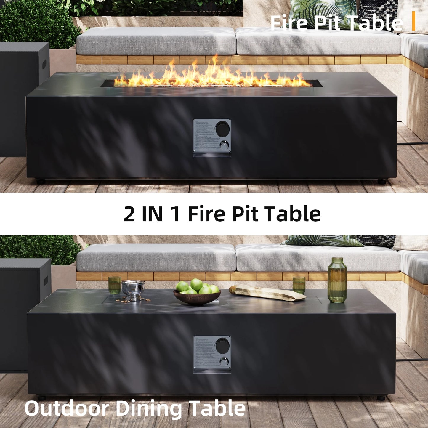 UPHA 56-inch Outdoor Propane Rectangle Fire Pit Table 50000 BTU Iron Gas FirePit for Outside Patio with Tank Cover, Removable Lid, Lava Rocks, Rain Cover, Grey