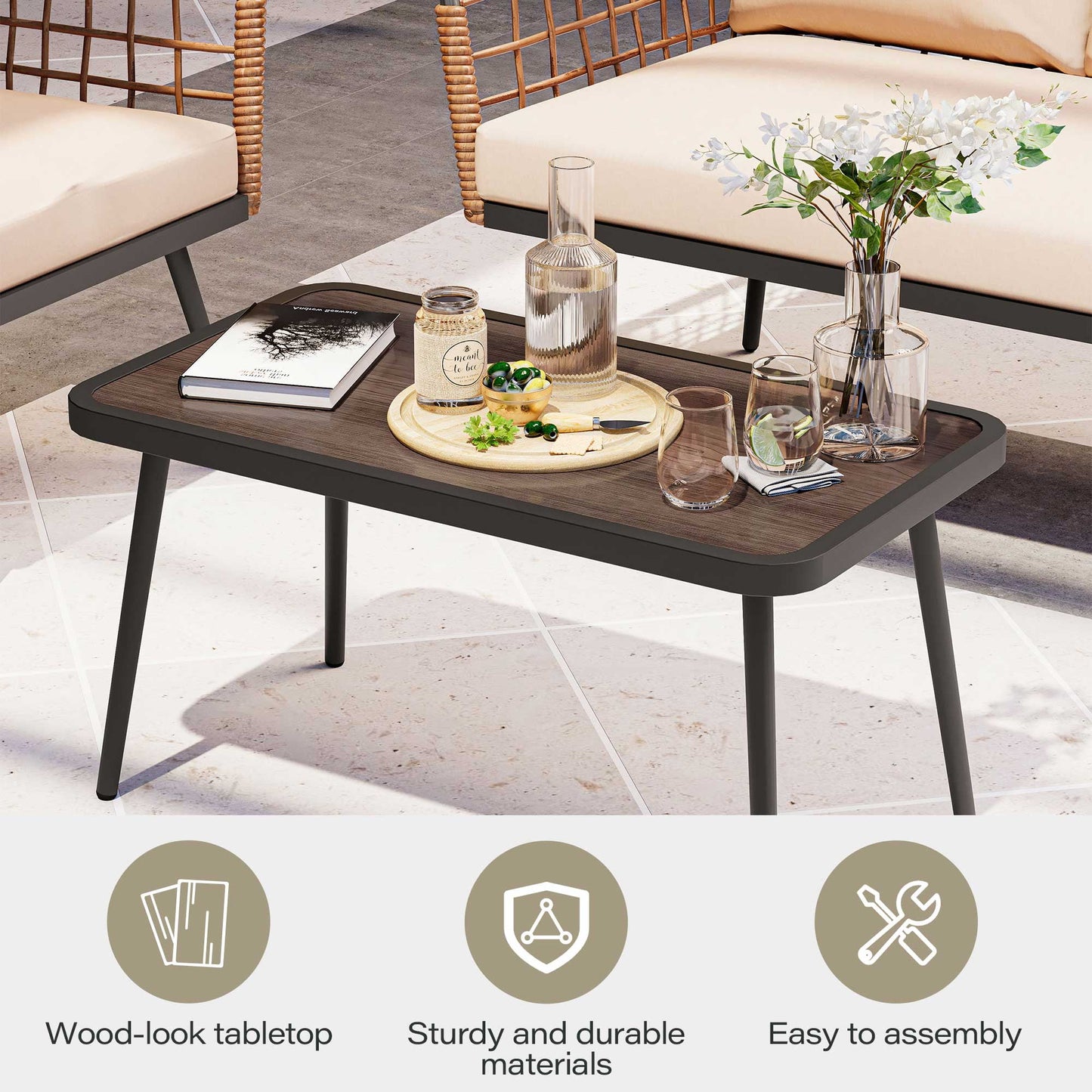 LAUSAINT HOME 4 Pieces Outdoor Conversation Sets, Patio Metal Frame Sofa with Wood Loveseat and Coffee Table, Beige Cushions