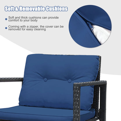 Gymax 3PCS Rattan Rocking Chair Table Set Patio Furniture Set w/Navy Cushions