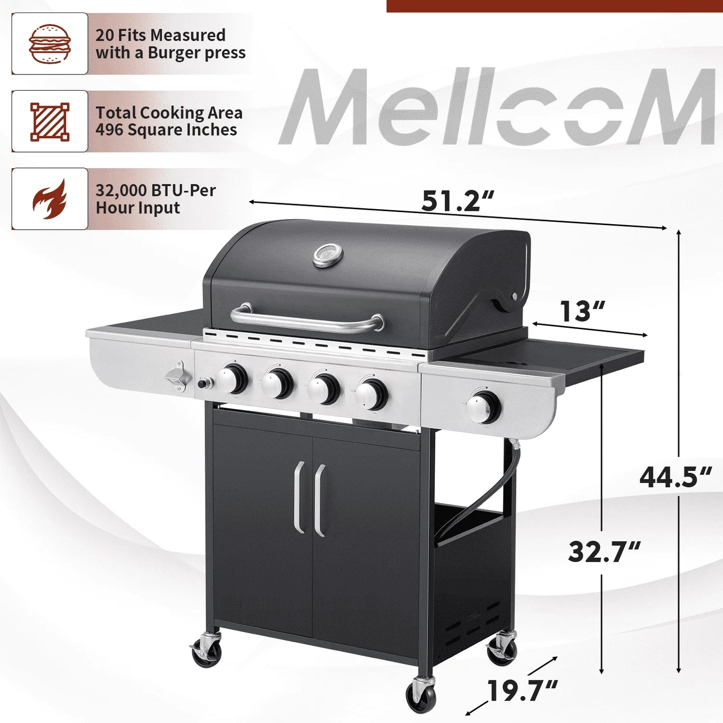 Mellcom 4 Burner Gas Grill,36000 BTU BBQ Propane Stainless Steel with Side Table for Patio Garden