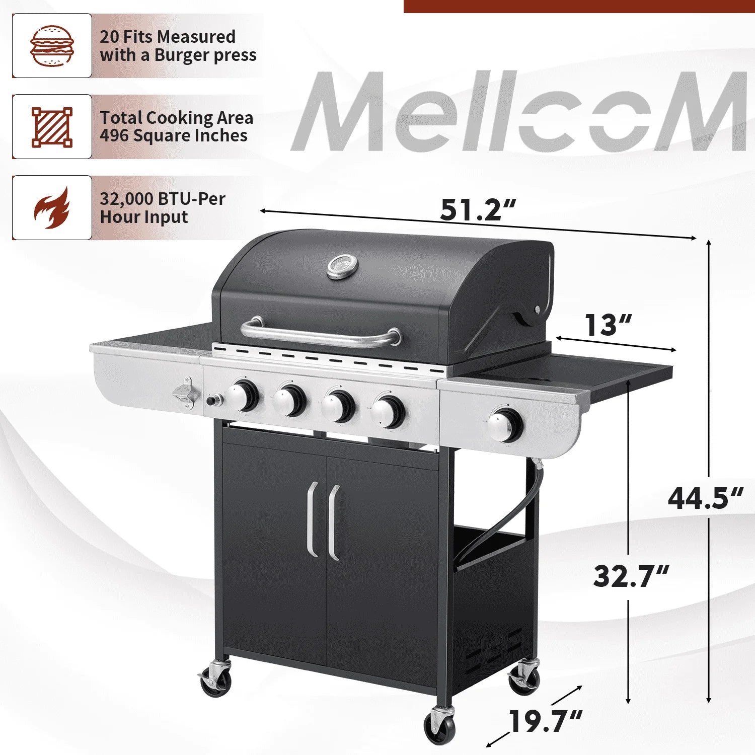 Mellcom 4 Burner Gas Grill,36000 BTU BBQ Propane Stainless Steel with Side Table for Patio Garden