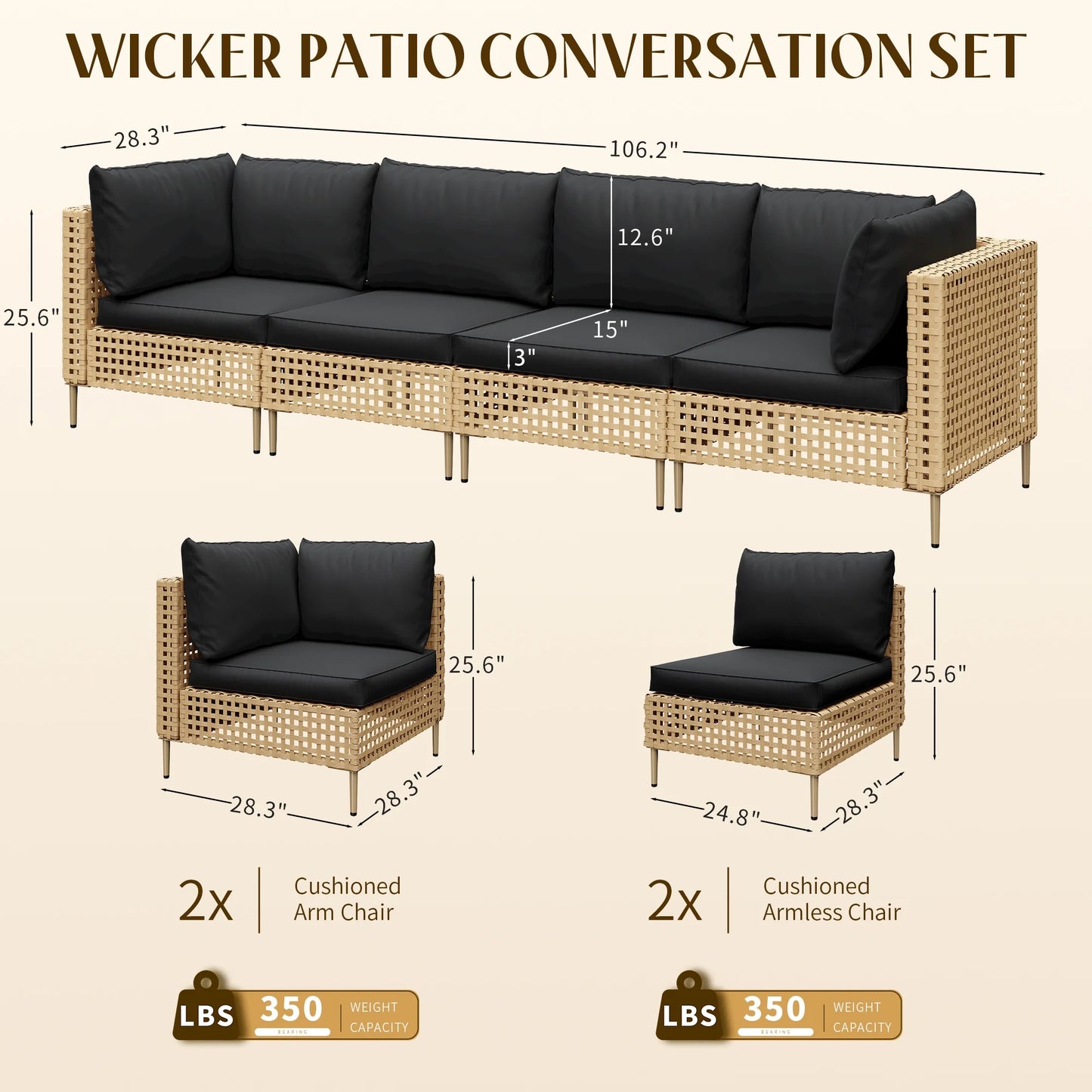 Bifanuo 4-Piece Wicker Outdoor Sectional Sofa, Patio Furniture Set, with Beige Fluffy Cushions (without Coffee Table)