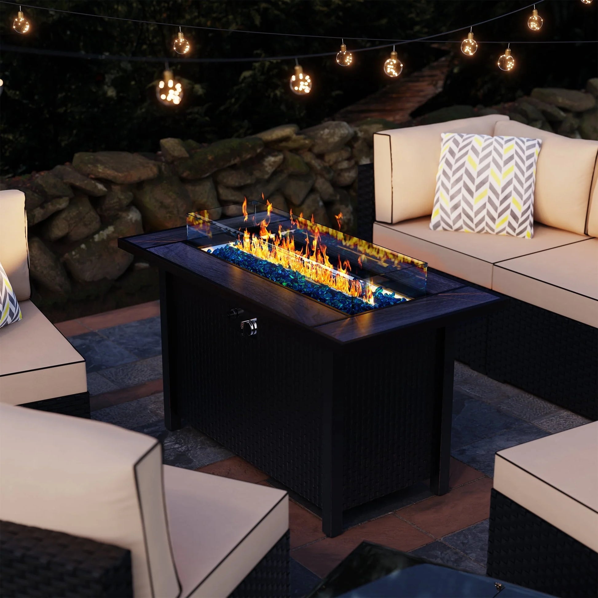 Sobaniilo Fire Pit 45in Propane Fire Pit with Rain Cover and Lava Rock, Outdoor Firepit Table 50000 BTU 3-in-1 Fire Table for Patio/Yard/Balcony, Rectangular, Black