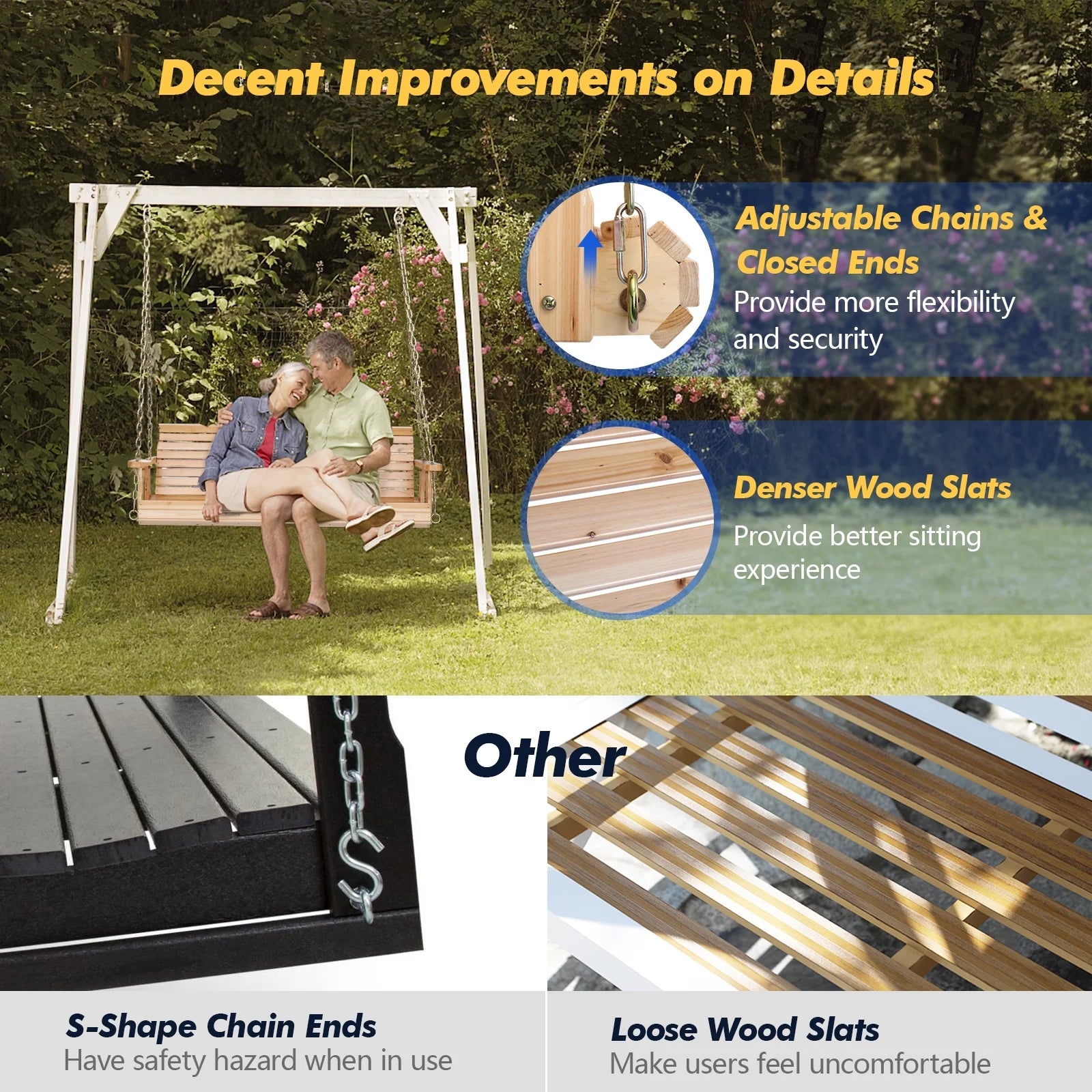 Zimtown Patio Wooden Porch Swing Swing Chair Bench Heavy Duty 880lbs with Hanging Chains for Outdoors,4 FT, Natural