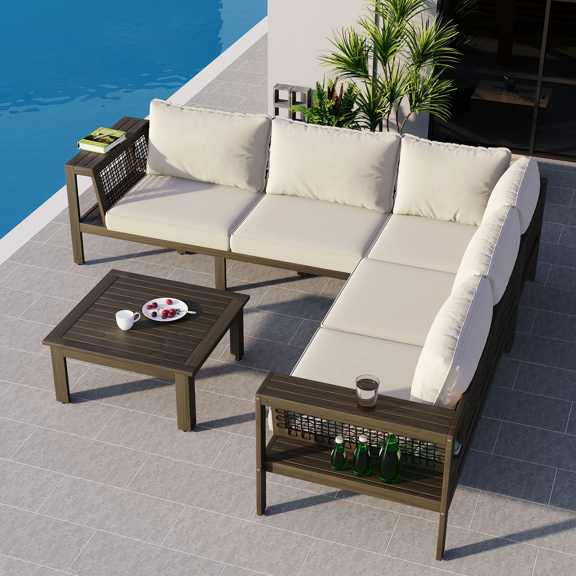 Harper & Bright Designs Patio L-Shaped Conversation Sectional Sofa Set with Coffee Table, Outdoor Acacia Wood Seating Group with Side Table for Backyard Garden, Beige, Grayish Brown