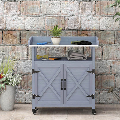 Outsunny Outdoor Potting Bench, Wooden Potting Table with Storage Cabinet, Aluminum Tabletop, Rubber Wheels for Backyard, Patio, Balcony, Gray