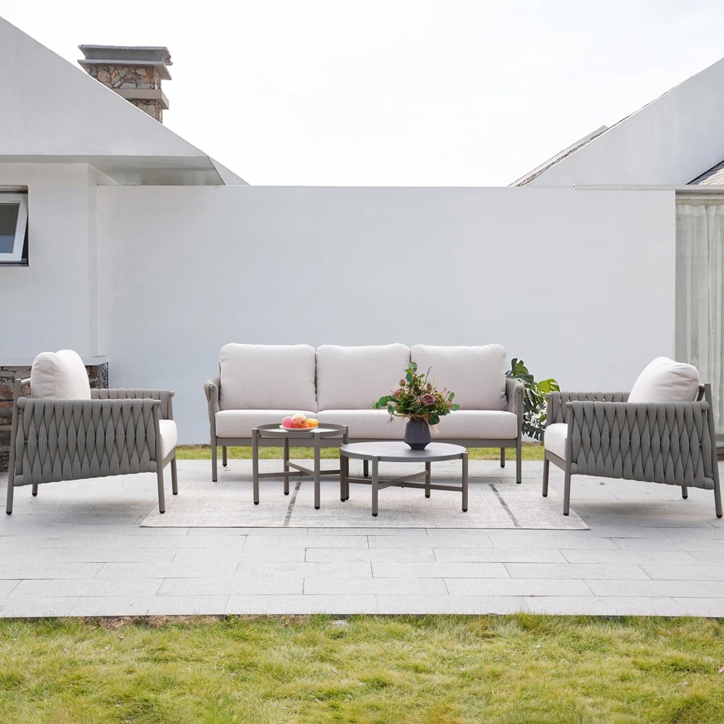 Grand Patio 5-Piece Furniture Set, Cotton Rope Outdoor Conversation Set with Deep Seating, Thick Cushions, Water-Resistant, 2 Coffee Tables, Backyard/Porch