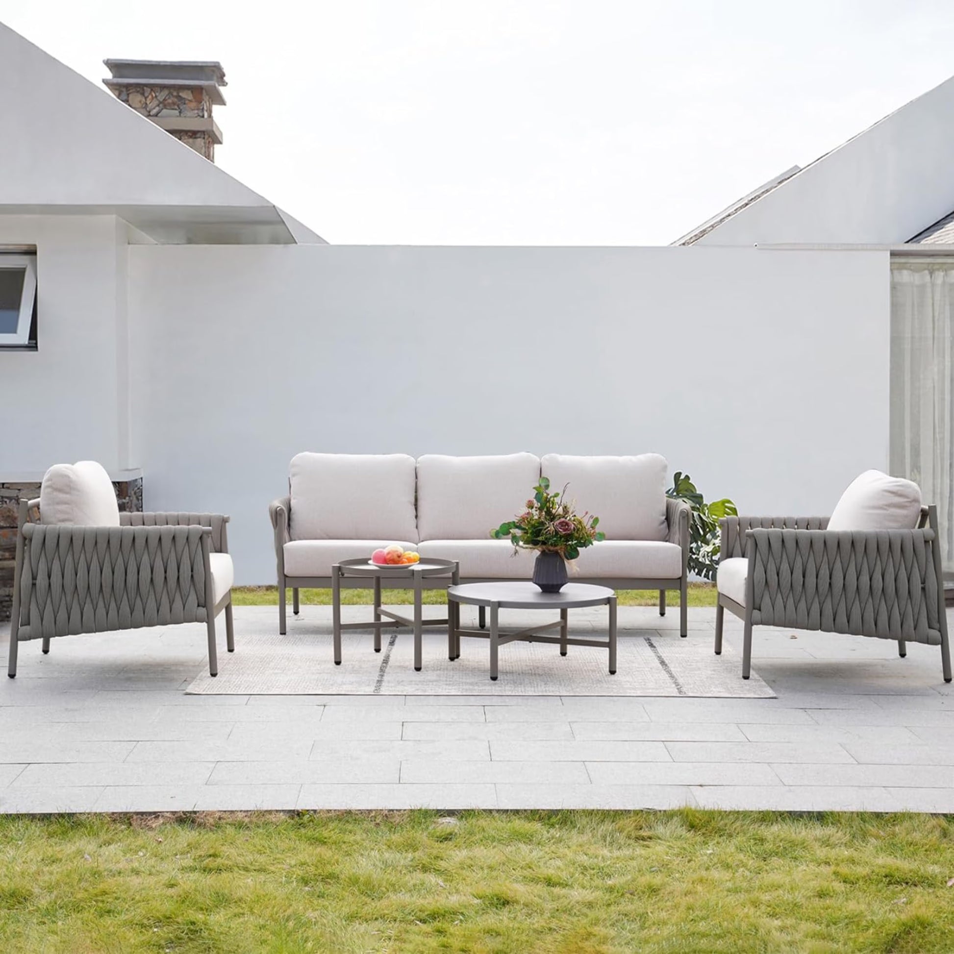 Grand Patio 5-Piece Furniture Set, Cotton Rope Outdoor Conversation Set with Deep Seating, Thick Cushions, Water-Resistant, 2 Coffee Tables, Backyard/Porch
