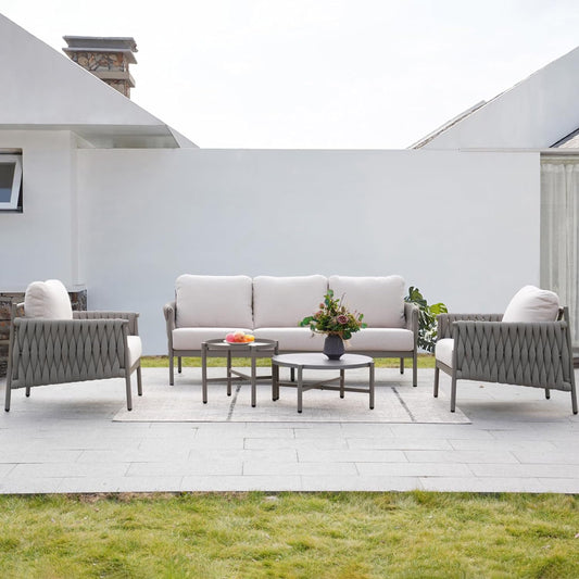 Grand Patio 5-Piece Furniture Set, Cotton Rope Outdoor Conversation Set with Deep Seating, Thick Cushions, Water-Resistant, 2 Coffee Tables, Backyard/Porch
