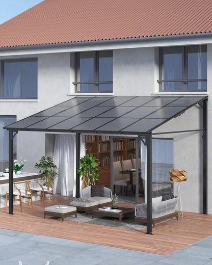 Pinypikaka 10'x12' Outdoor Hardtop Gazebo, Lean-to Pergola With Roof for Lawn Patio Deck Yard Party