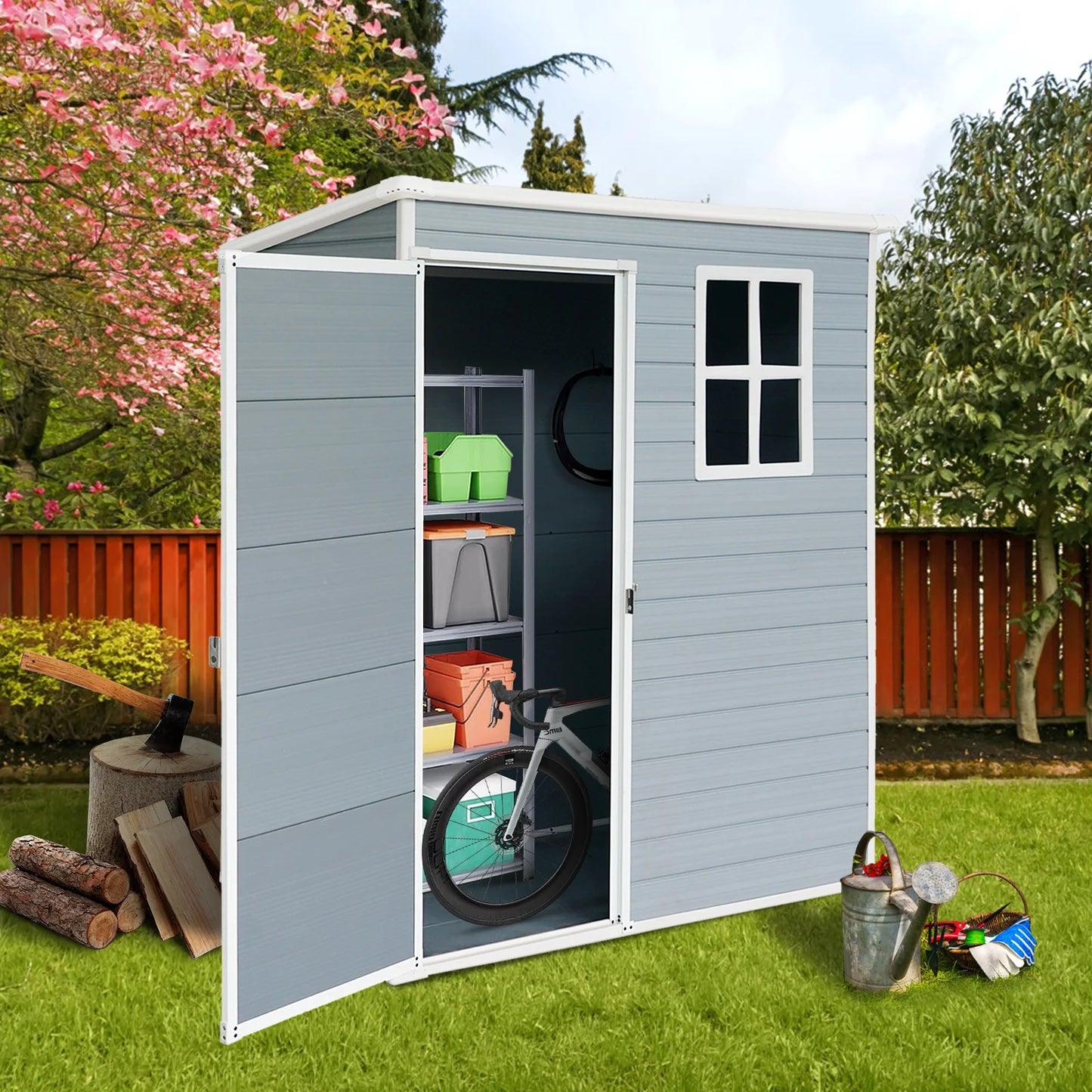 5'3' Outdoor Storage Shed, Resin Storage Cabinet, Garden Tool Shed with Double Lockable Doors, Organizer Cabinet for Patio Yard, Gray