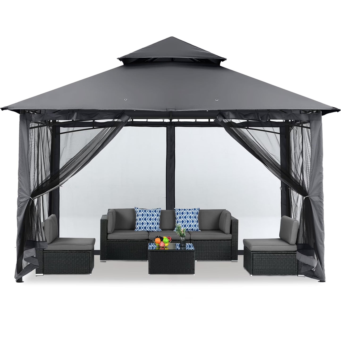 MASTERCANOPY 9' x 9' Outdoor Patio Gazebo Double Roof Steel Frame with Mesh Walls, Black