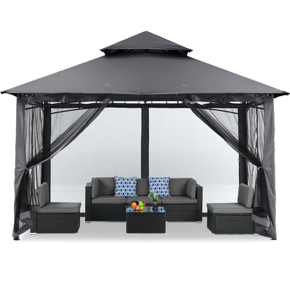 MASTERCANOPY 9' x 9' Outdoor Patio Gazebo Double Roof Steel Frame with Mesh Walls, Black
