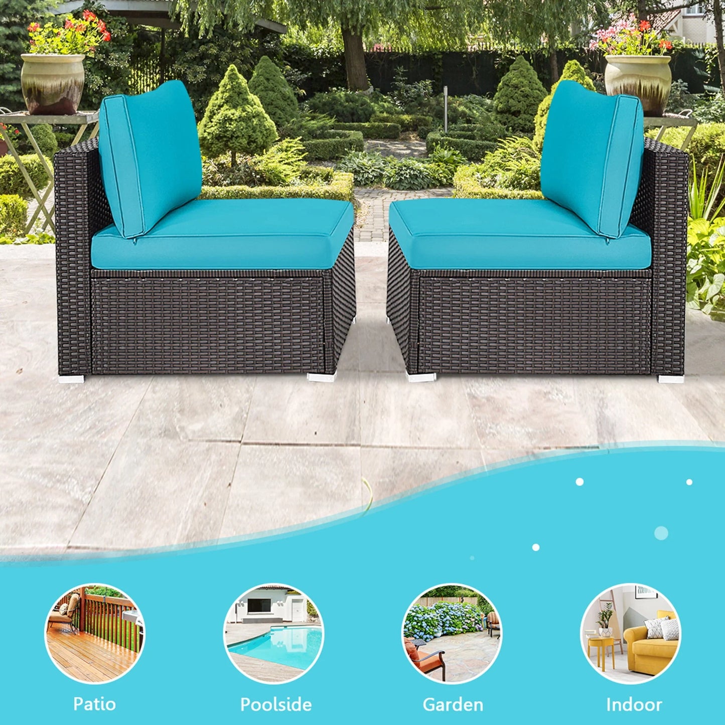 Gymax 2PCS Patio Wicker Rattan Sectional Armless Chair Sofa w/Turquoise Cushion