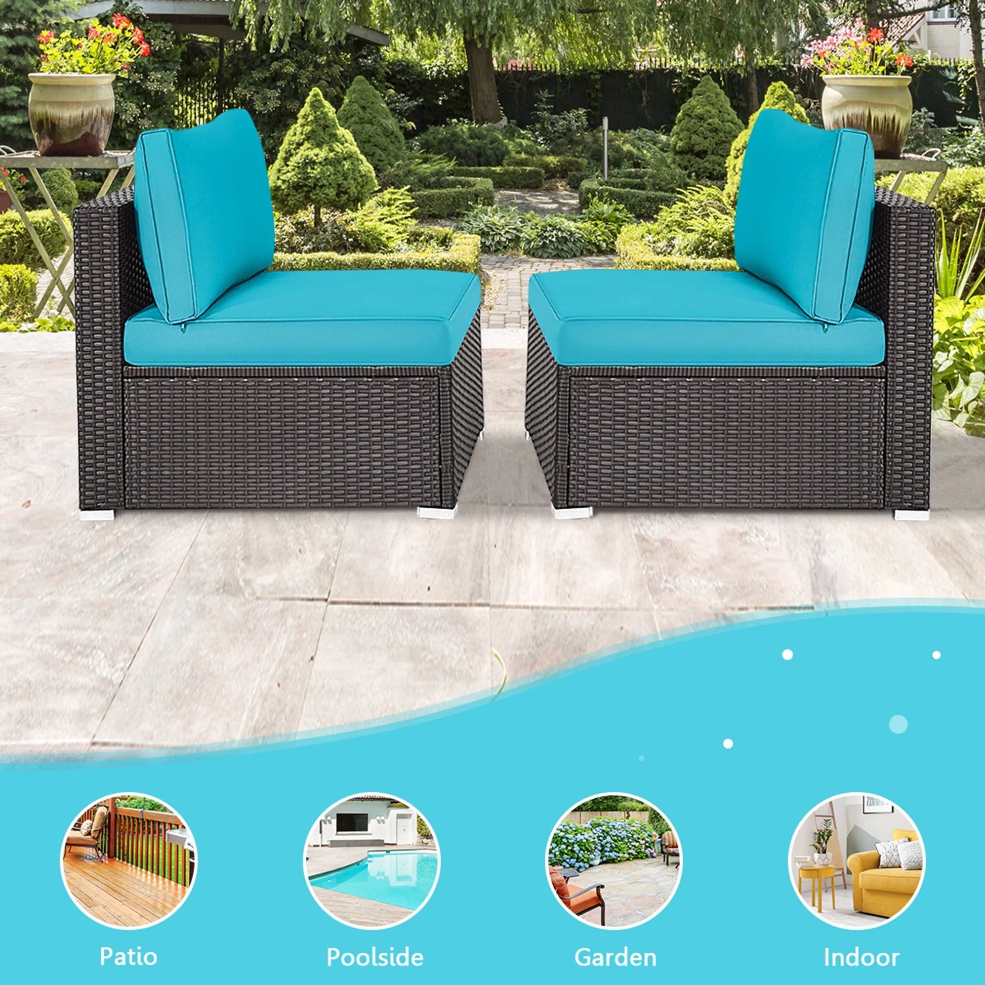 Gymax 2PCS Patio Wicker Rattan Sectional Armless Chair Sofa w/Turquoise Cushion