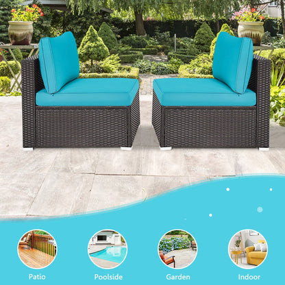 Gymax 2PCS Patio Wicker Rattan Sectional Armless Chair Sofa w/Turquoise Cushion