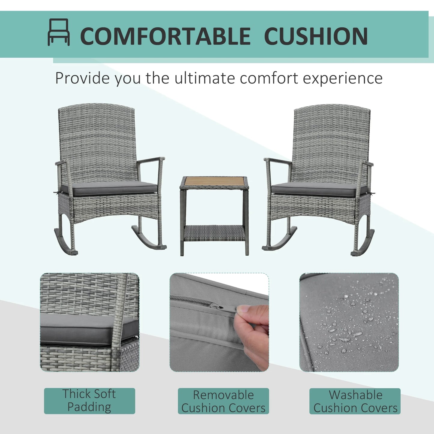 Outsunny 3Piece Wicker Rocking Chair Patio Furniture Set, Gray