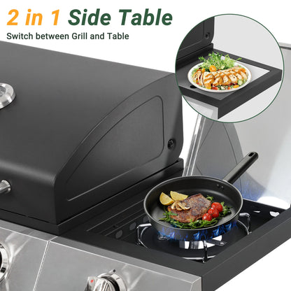 40000 BTU Propane Gas Grill, 3 Burner Barbecue Grill with Side Burner, Built-in Thermometer and 2-in-1 Side Table, Portable Stainless Steel Grill for Outdoor BBQ, Camping, Patio