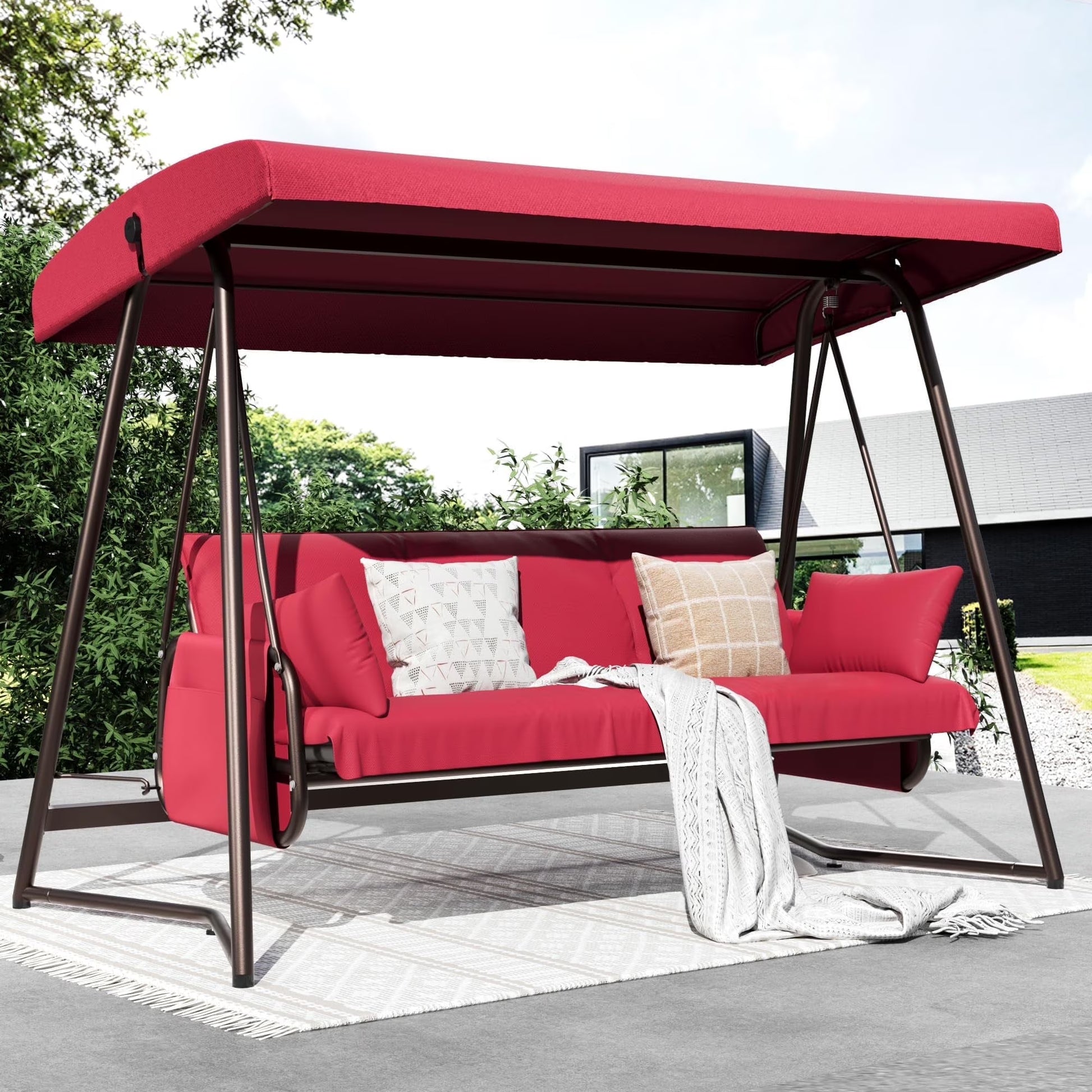 TQKVIPI Oversized 4 Person Outdoor Porch Swing with Adjustable Backrest Canopy,2-in-1 Swing Bed 800 lbs Capacity,Patio Swing with Removable Cushions for Yard Garden Poolside Balcony
